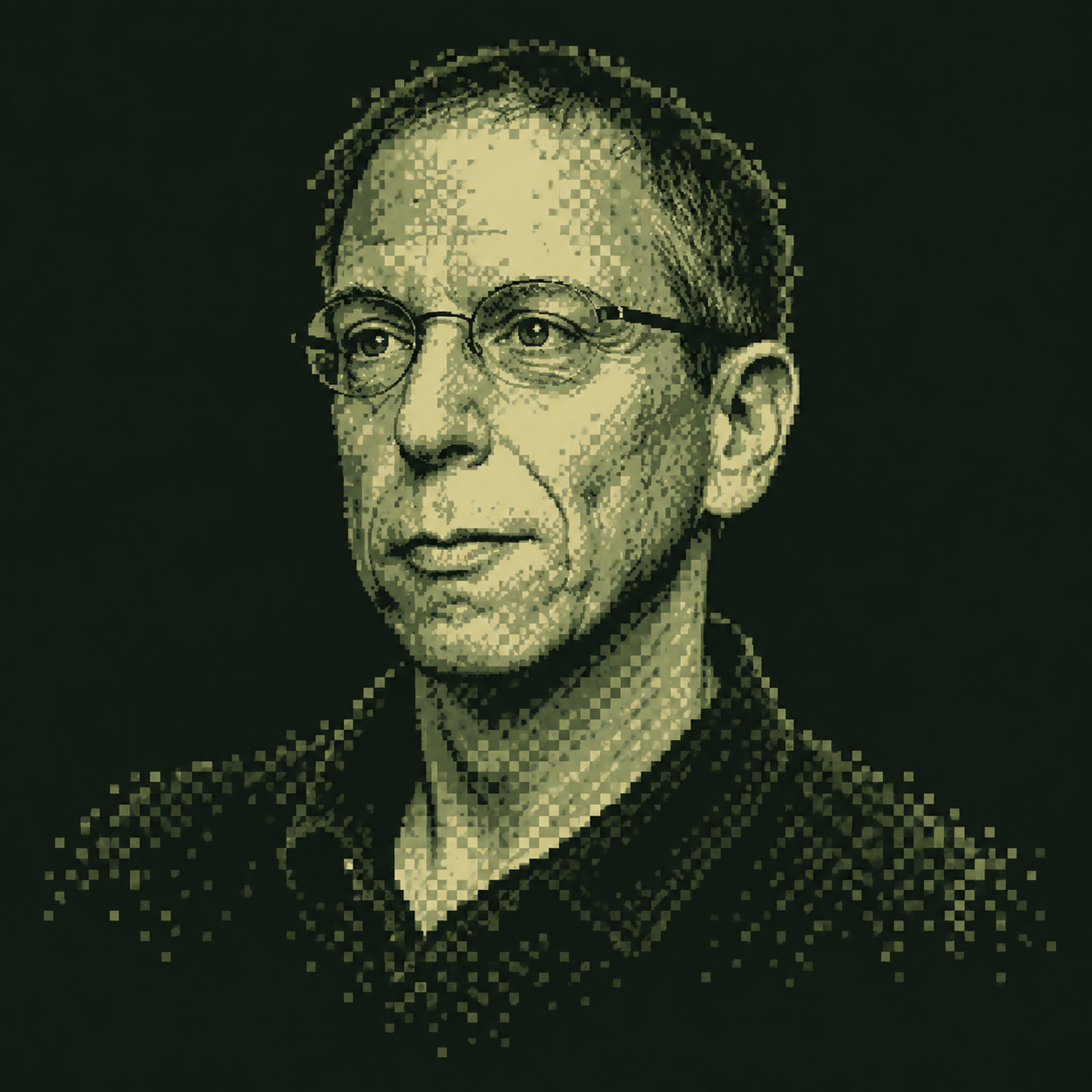 Green pixel-art editorial portrait of Dan Boneh