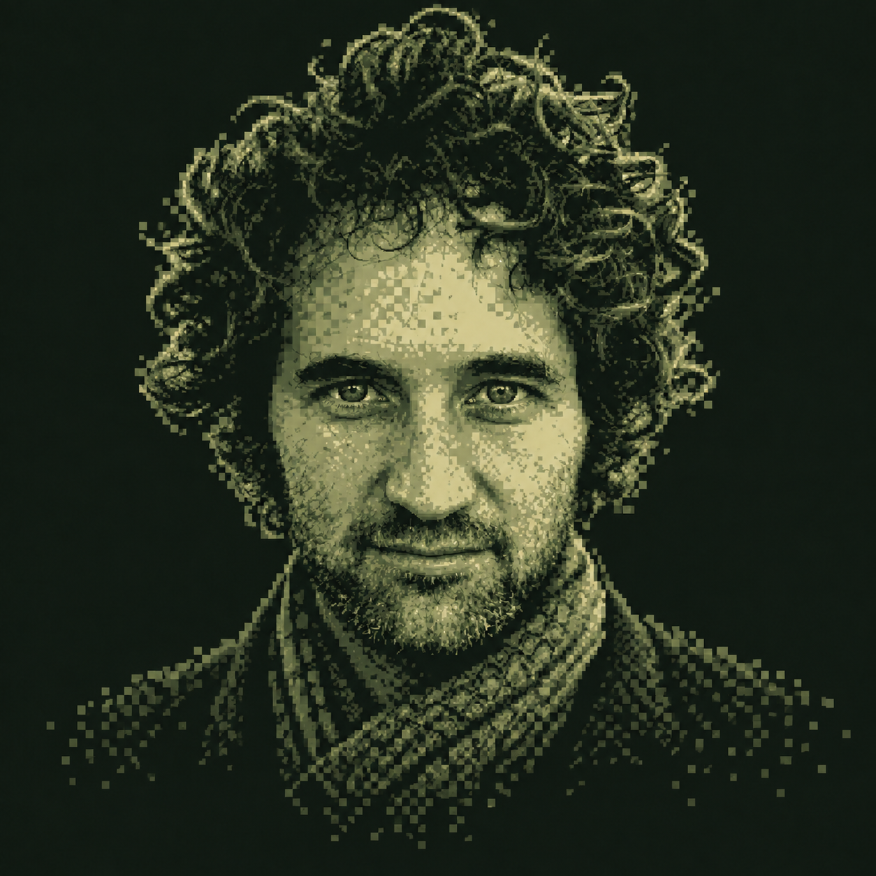 Green pixel-art editorial portrait of Rafael Pass