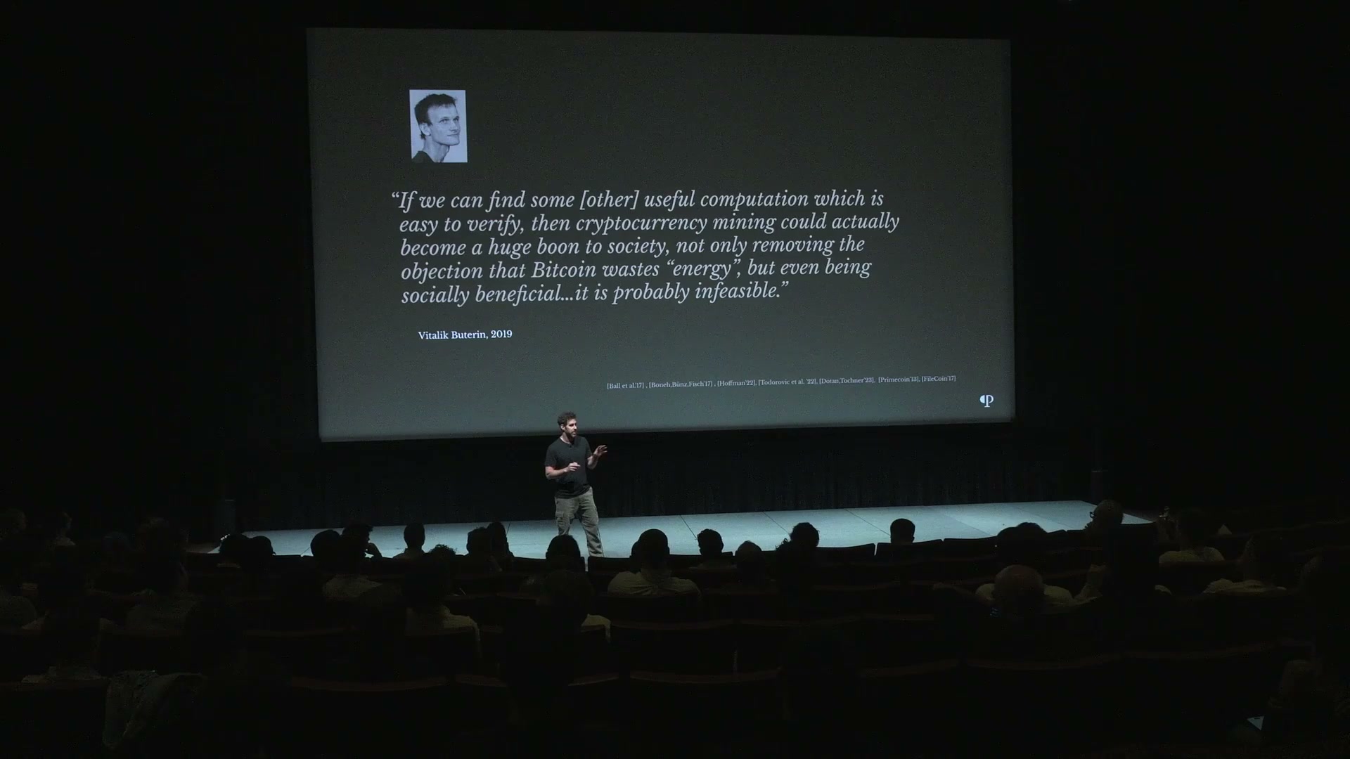 Pearl founder on stage beneath Vitalik's 'probably infeasible' slide